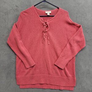 LOFT V-Neck Lace‎ Up Sweater Women's Size Large Pink Pullover Long Sleeve Boho